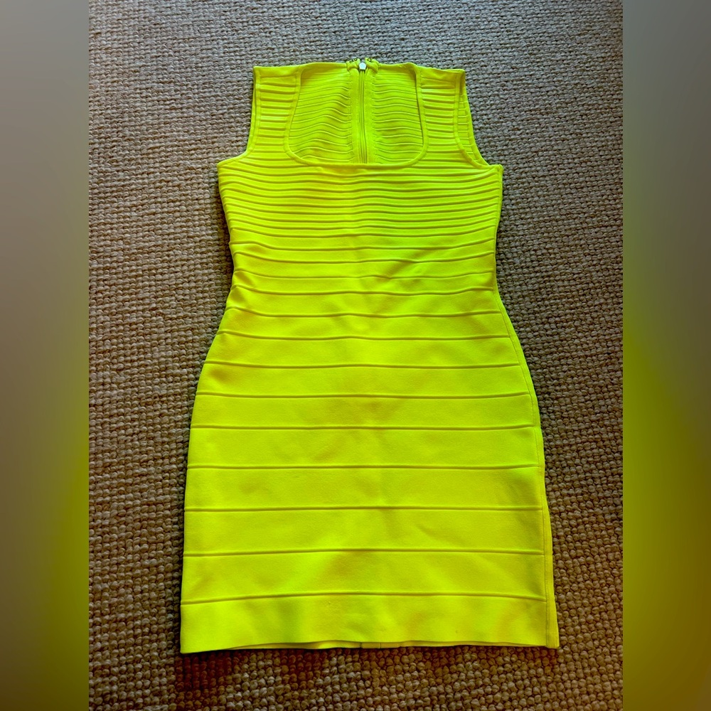 Herve Leger Neon Yellow Scoop Neck Ribbed Bodycon Mini Dress